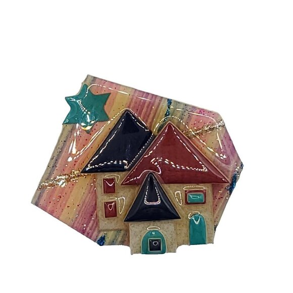 Lucinda House Pin Burgundy Red Navy Blue Green Striped Glitter Asymmetrical - Picture 1 of 2